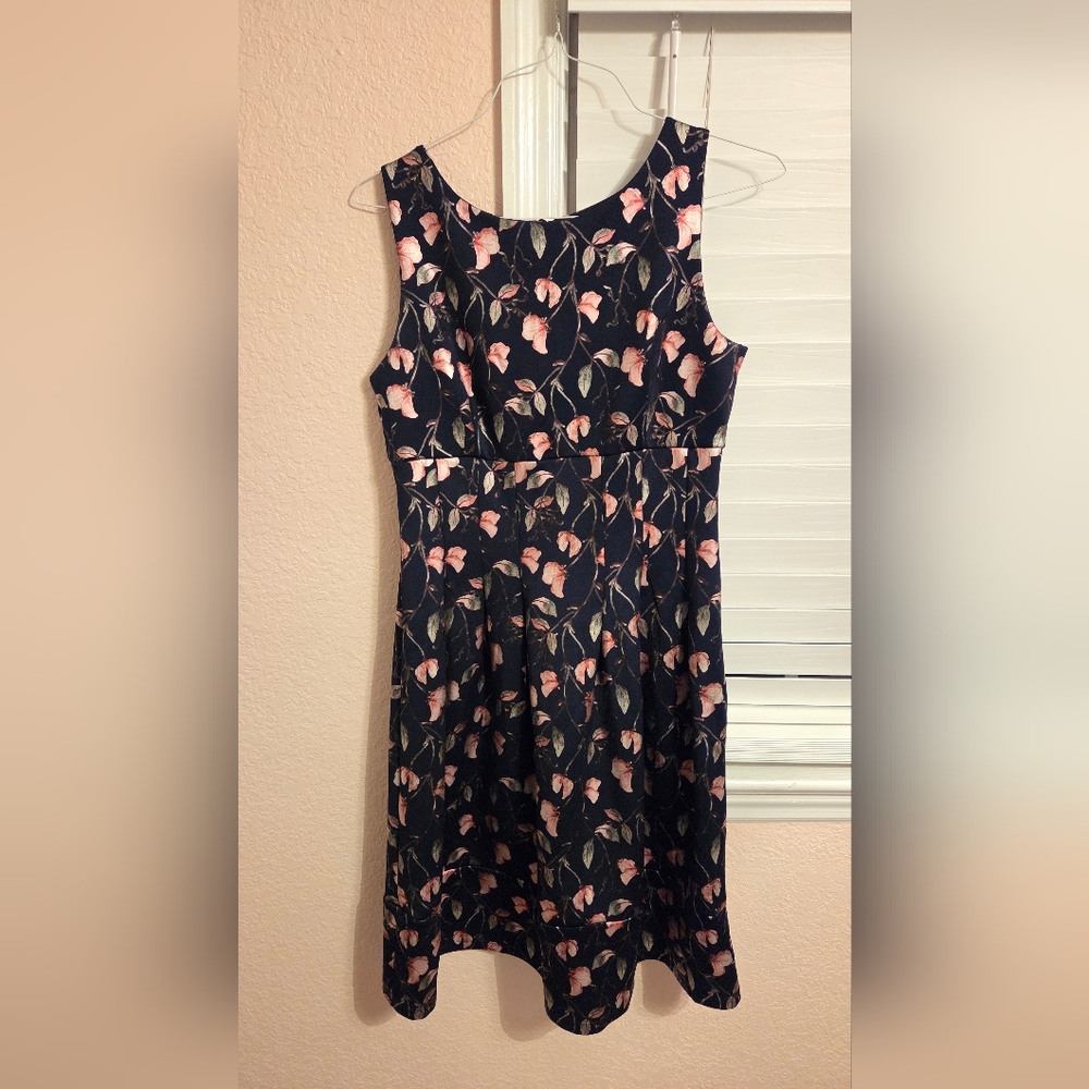 Navy Blue Midi Dress with Pink and Green Floral